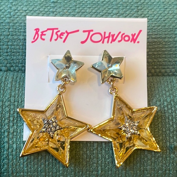NWT Betsey Johnson Gold Tone Celestial Punk Double Star Drop Earrings - Picture 3 of 4